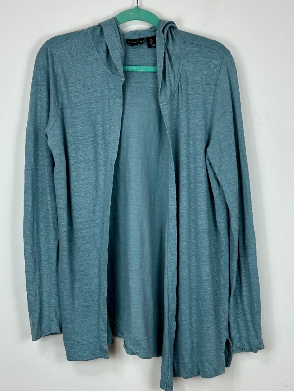 Tahari Womens Linen Teal Open Hooded Cardigan L Beach Resortwear Lightweight